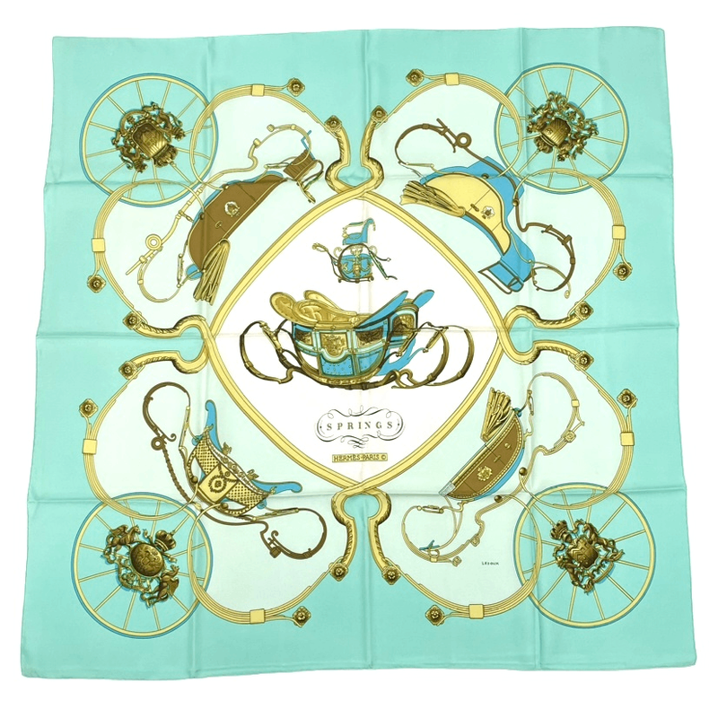 Hermes Springs Carriage Carre 90 100% Silk Scarf Green