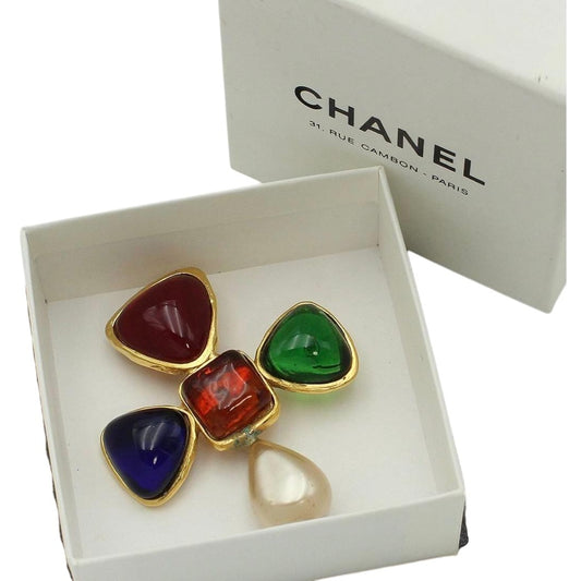 Chanel Gripoa and Faux Pearl Cross Brooch