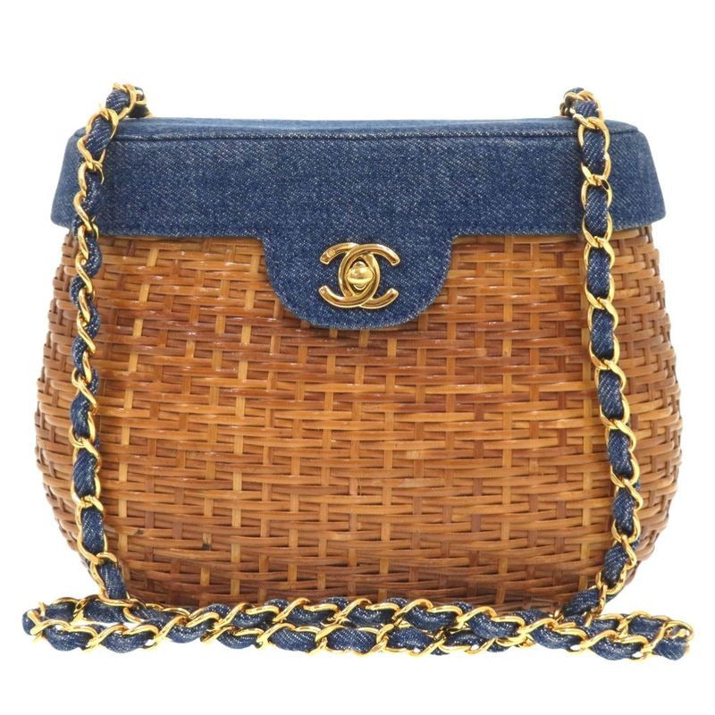 Chanel Basket Bag Denim Straw Navy 5 th Turnlock Shoulder 1372