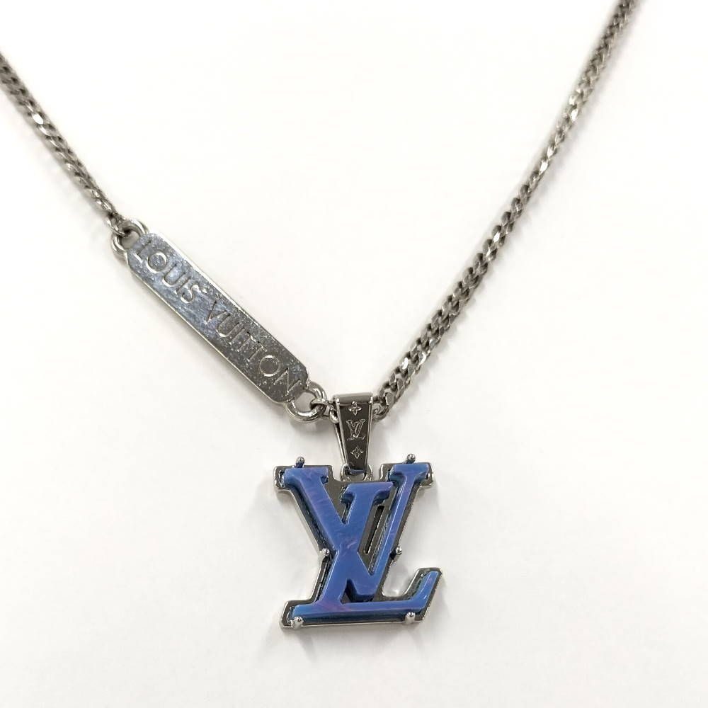 Louis Vuitton Pendant Monogram Chain Necklace LV Initial Plated Blue Silver