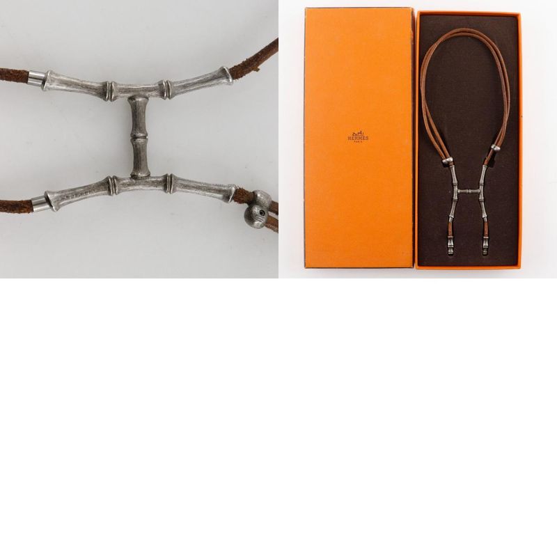 Hermes Bamboo Halter Leather X Metal Silver/brown Ladies 32g Necklace