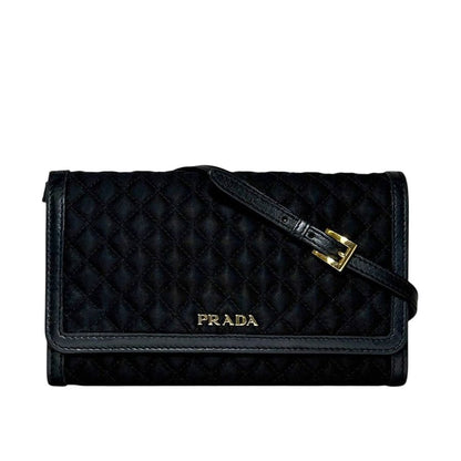 Prada Wallet on Chain Bifold Black Nero Nylon Leather Quilted 12 Accent Logo