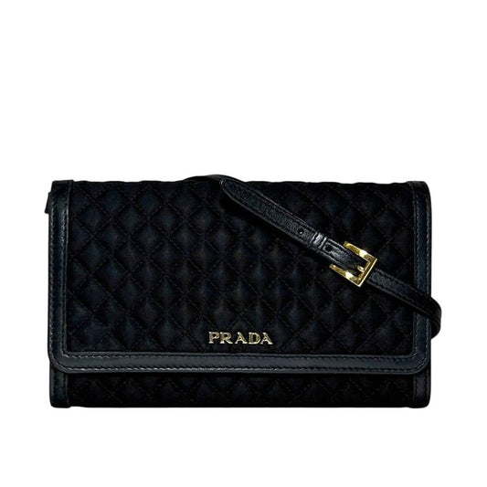 Prada Wallet on Chain Bifold Black Nero Nylon Leather Quilted 12 Accent Logo