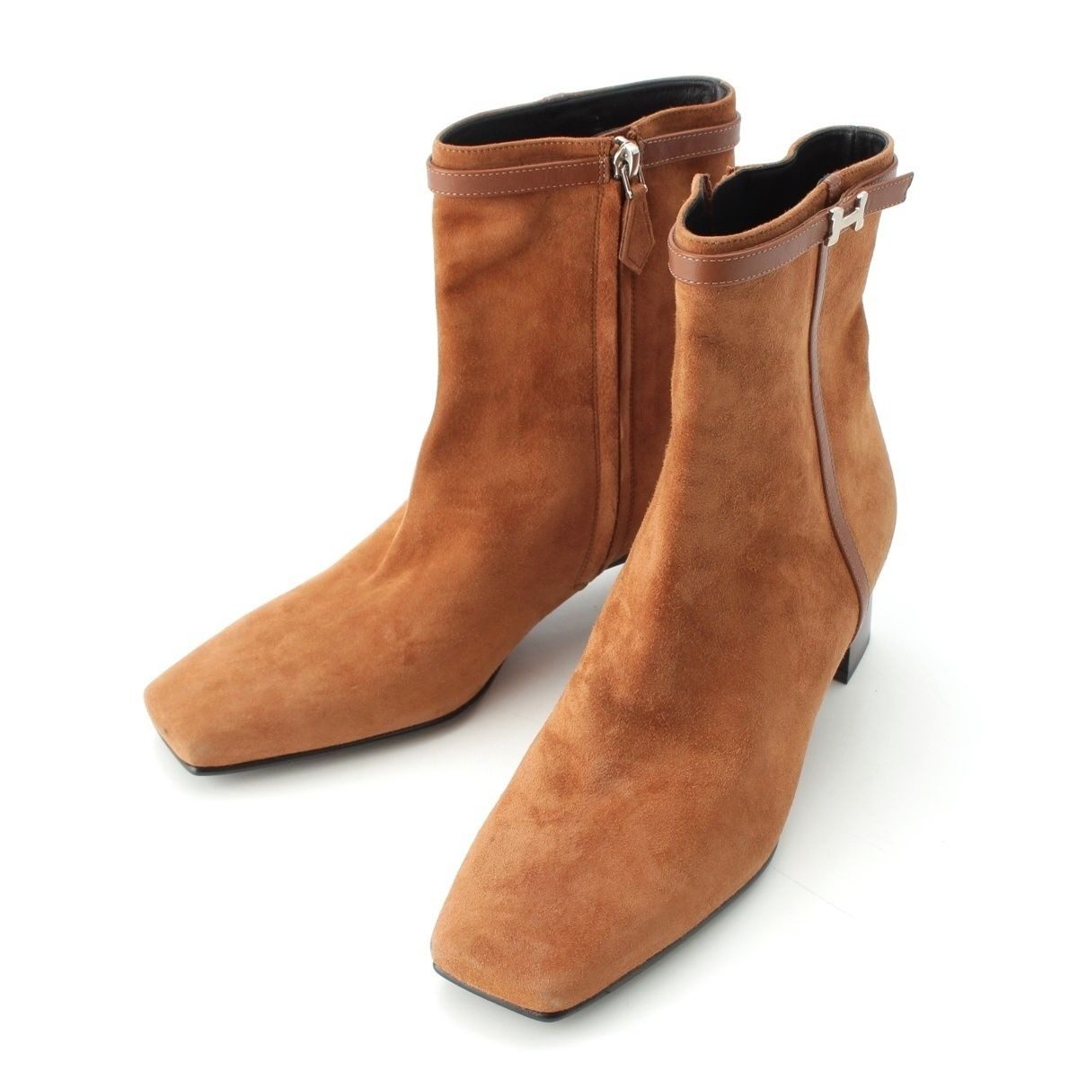 Hermes Homage Suede Buckle Square Toe Short Boots Shoes Brown 37.5