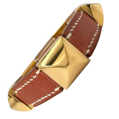 Hermes Leather Metal Brown Bracelet Gold