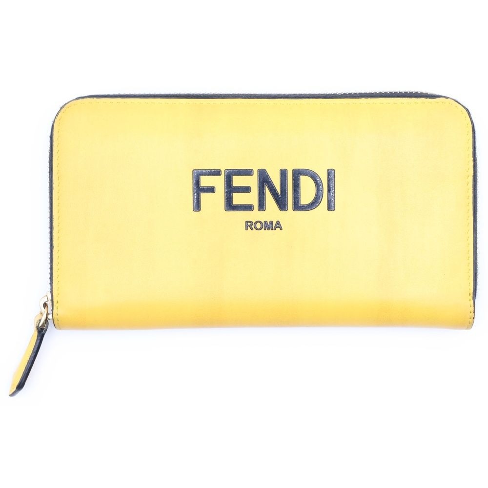 Fendi Bicolor Logo Leather Round Zip Wallet Yellow