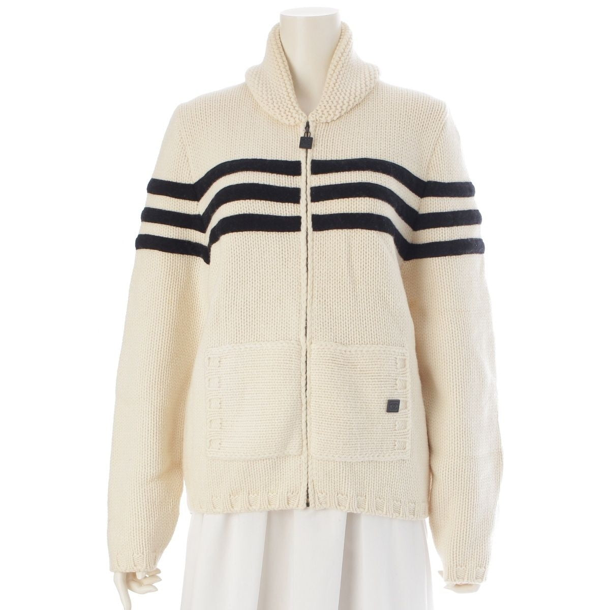 Chanel Wool Cashmere Sports Border Zip Up Knit Top Ivory 40