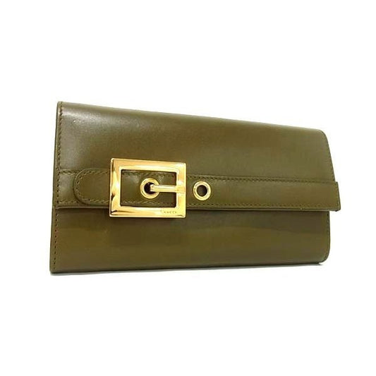 Gucci Leather Belt Motif Folded Long Wallet Women Khaki Bp1211
