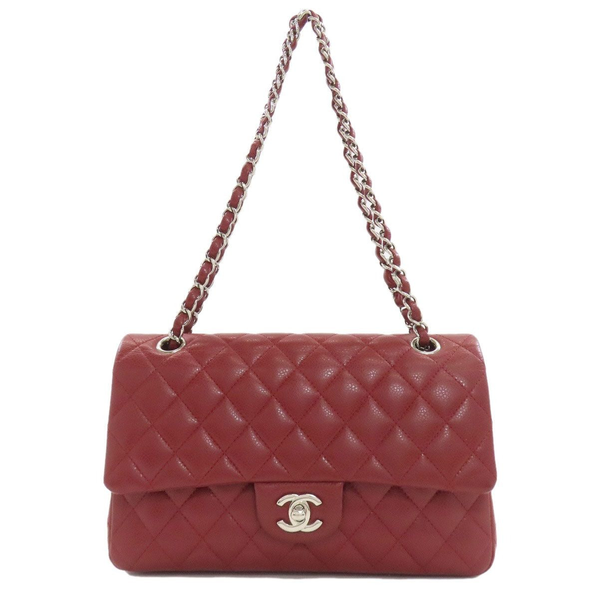 Chanel Quilted Double Flap Silver Shoulder Bag Grained Calfskin