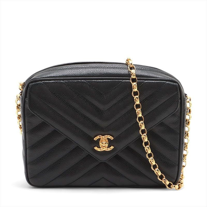 Chanel Shoulder Bag Caviar Leather Chevron CC Logo