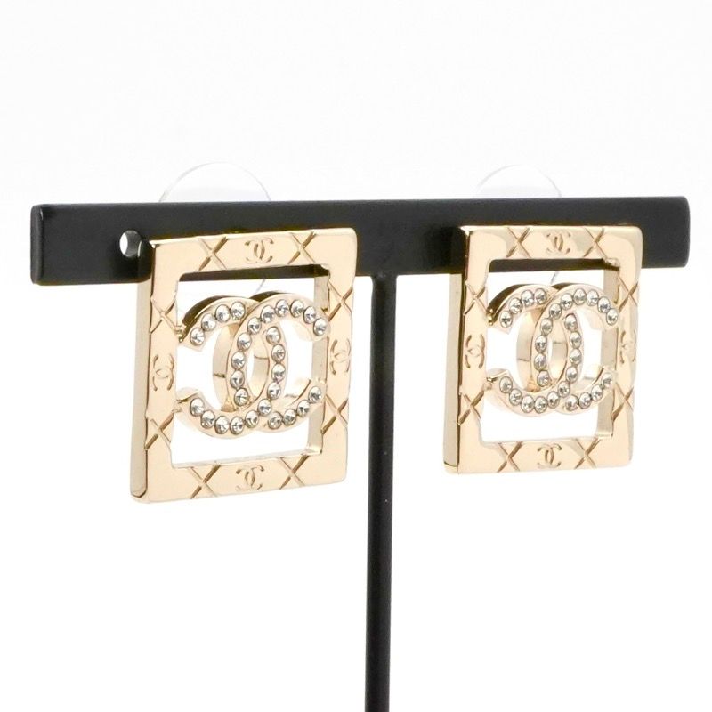Chanel Earrings Earring Gold Coco Mark Square Matelasse Rhinestone