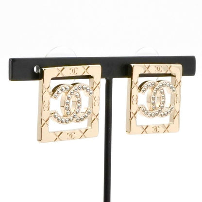 Chanel Earrings Earring Gold Coco Mark Square Matelasse Rhinestone
