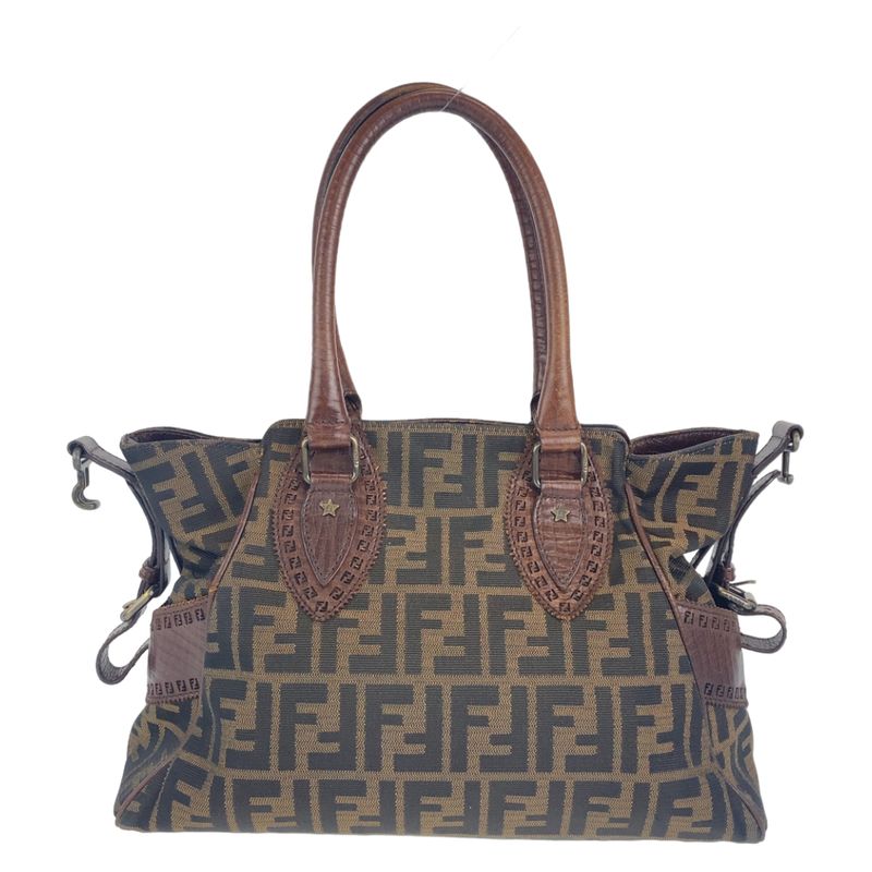 Fendi Zucca Pattern Etnico Brown Canvas/leather Shoulder Bag Handbag Tote Bag