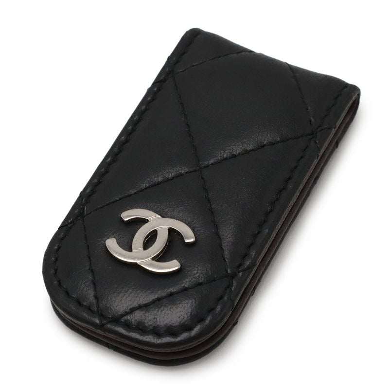 Chanel Quilted Coco Mark Money Clip Billfold Bill Lambskin Leather Black