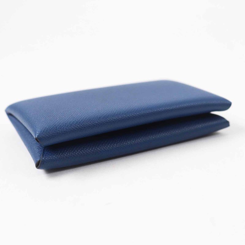 Hermes Calvi Deep Blue Silver Hardware Vaume D'adam Card Case Engraved B With