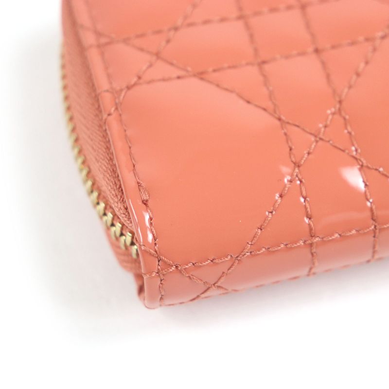 Christian DIOR Lady DIOR Voyage Cannage Patent Leather Zip Coin Case Small Pink