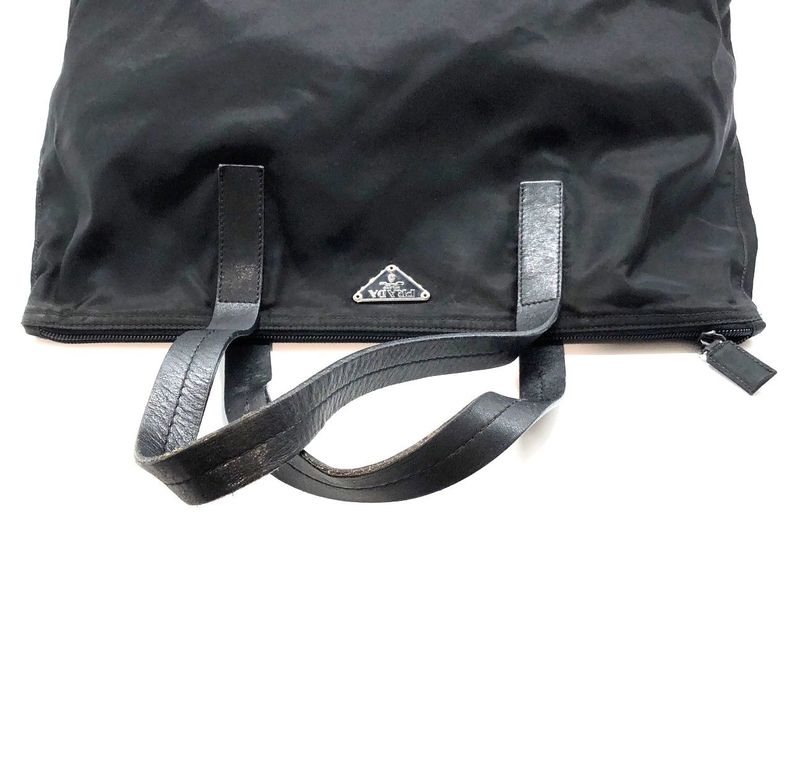 Prada Nylon Tote Handbag Triangle Plate Logo A4 Compartment Black Ladies Men
