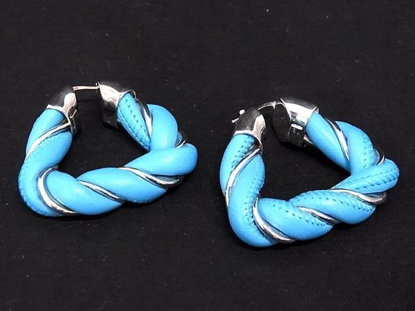 Bottega Veneta Leather × Sv925 Twisted Triangle Earrings Light Blue × Silver
