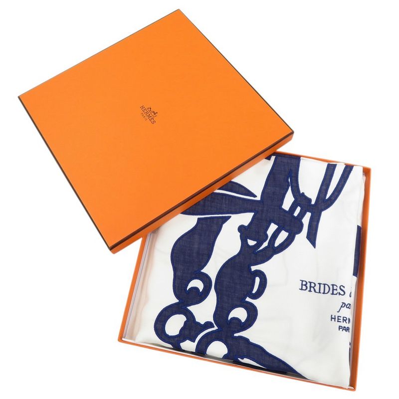 Hermes Carré 90 Brides De Gala Tattoo Cotton Silk Cotton Polyester White Navy