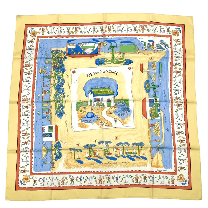 Hermes Carre 90 RE TOUR A LA Terre Homeward Bound Yellow 100% Silk Scarf