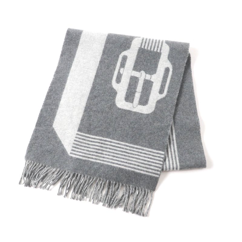 Hermes Sangre À Bucle 100% Cashmere Anthogracito / Gris Cles Fringed Scarf 39 X