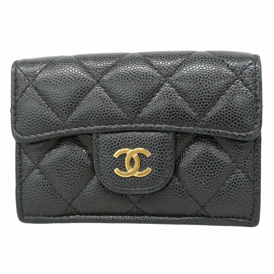 Chanel Trifold Wallet Matelasse Caviar Skin Black Chien Pan Gold Hardware Women