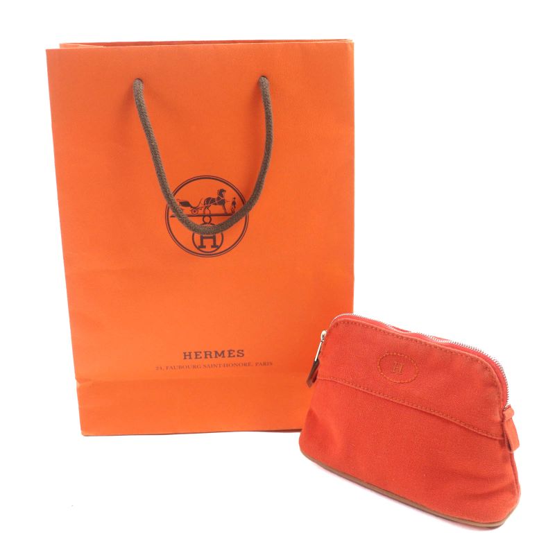 Hermes Bolide Pouch Mini 100% Cotton H Logo Embroidery Leather Use Cosmetic