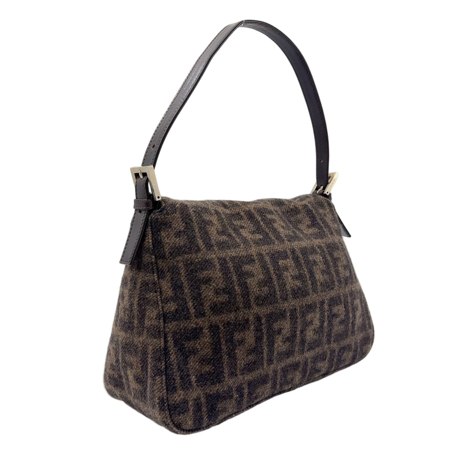 Fendi Zucca Pattern Mamma Bucket Leather Wool Dark Brown Shoulder Bag Silver — view 2