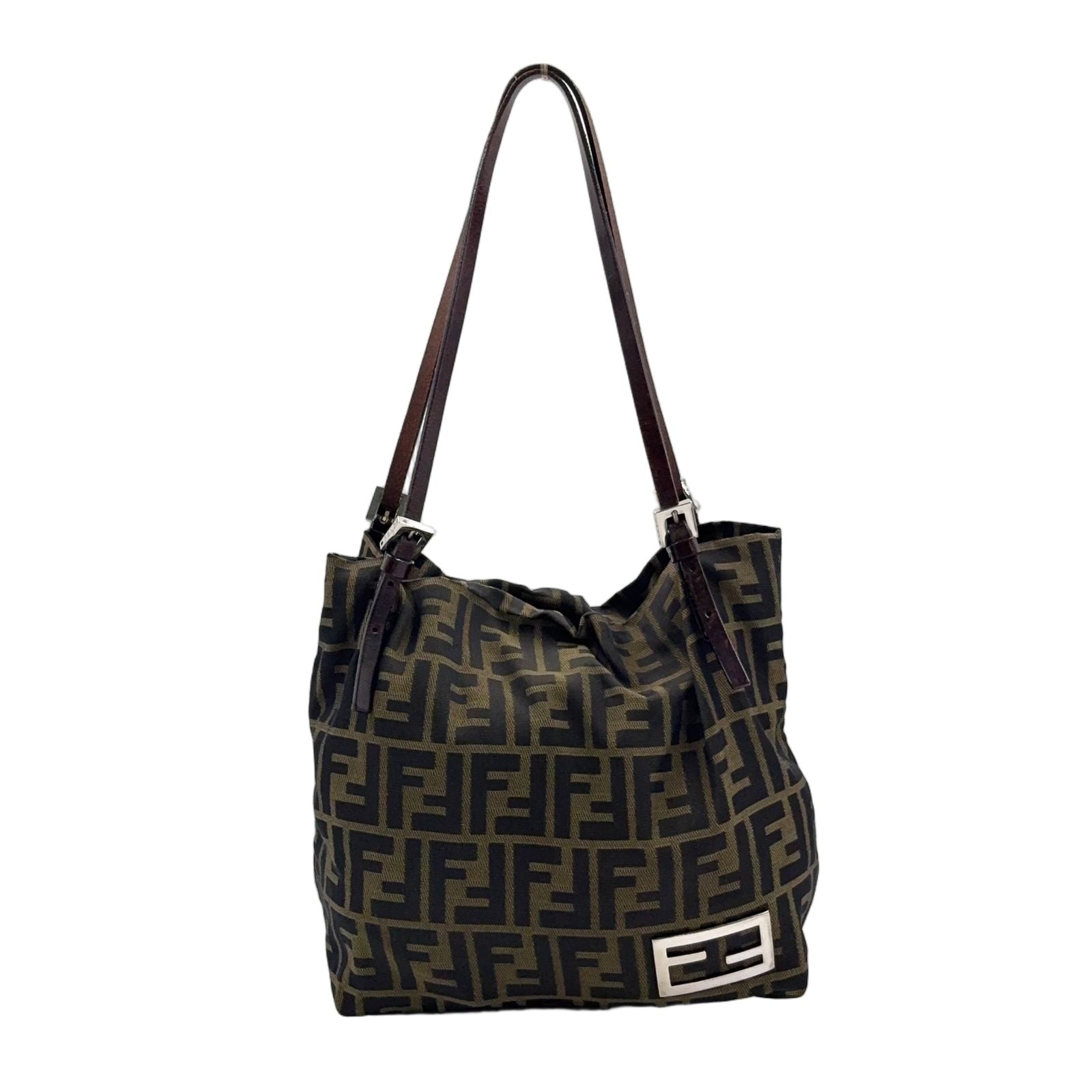 Fendi Zucca Pattern Leather Canvas Dark Brown Tote Silver