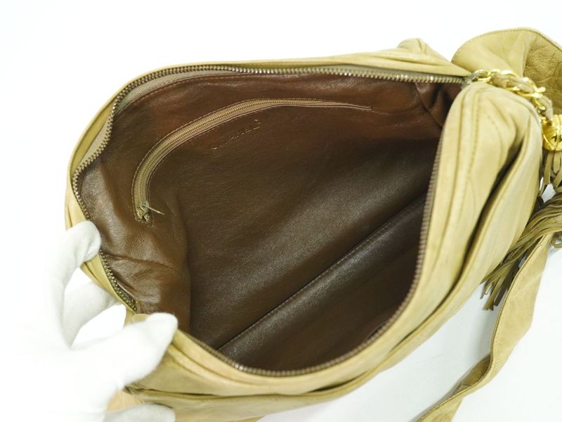 Authentic Chanel Coco Mark Tassel Shoulder Bag Pochette Lambskin Leather Beige