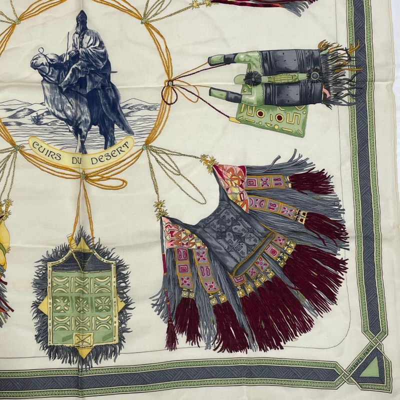Hermes Cuirs DU Desert Leather Decorated Silk Scarf White