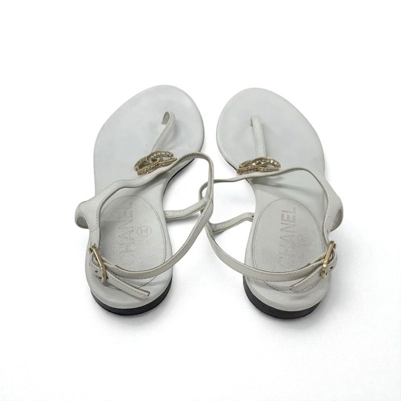 Chanel Sandals Shoes Leather White Gold Coco Mark Rhinestone Strap Thong