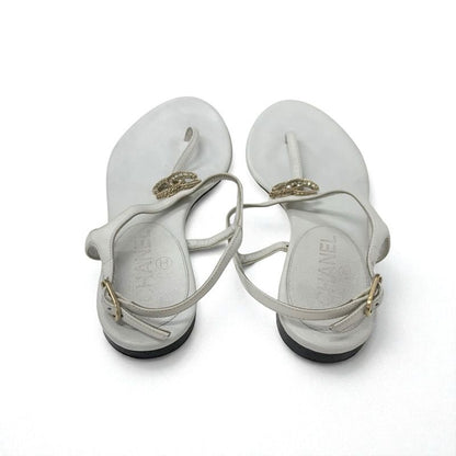 Chanel Sandals Shoes Leather White Gold Coco Mark Rhinestone Strap Thong