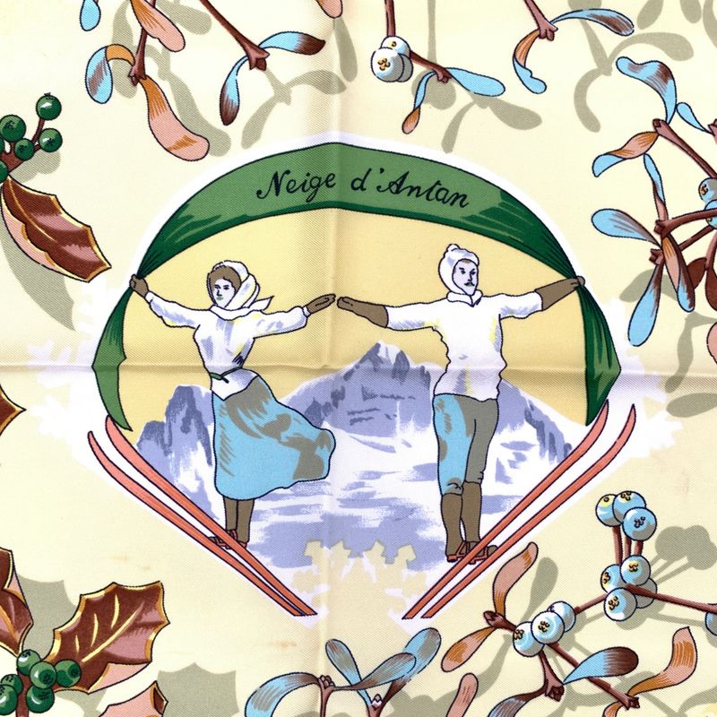 Hermes Carre 90 Neige D'antan Last Year's Snow Yellow Christmas Silk Scarf