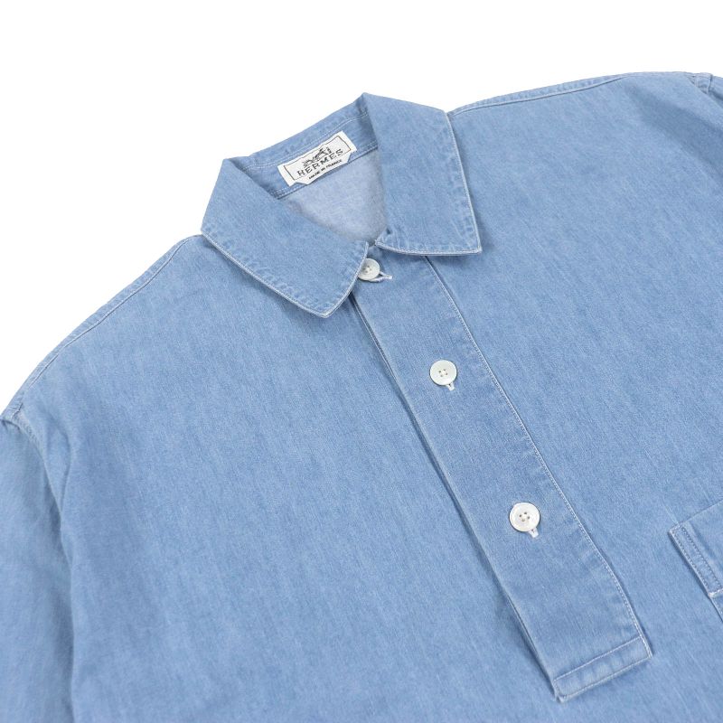 Hermes 23SS Cotton Half Button Patch Pocket Pullover Short Sleeve Shirt Indigo
