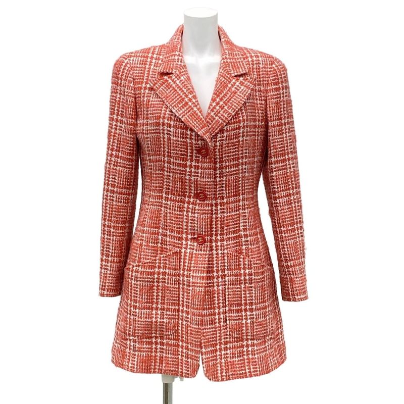 Chanel Coat Size 38 M Women's P07620 Red And White Tweed / Coco Mark / Long