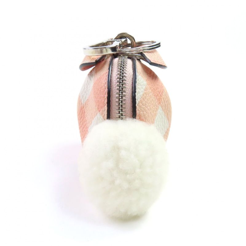 LOEWE Gingham Check Rabbit Charm Leather Coin Case Pink White Silver Hardware