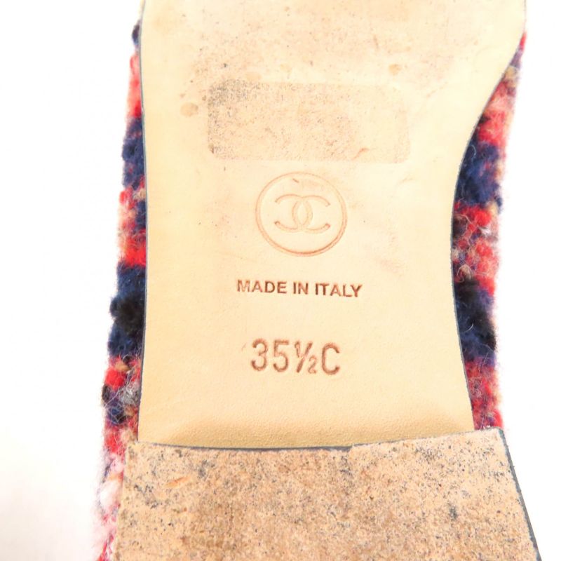 CHANEL Ballerina With Coco Mark Ribbon Leather Use Tweed Flat Pumps Multi 35.5