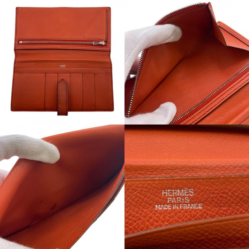 Hermes Bearn Fold Long Wallet Branded Card Holder Coin Purse Orange Ladies