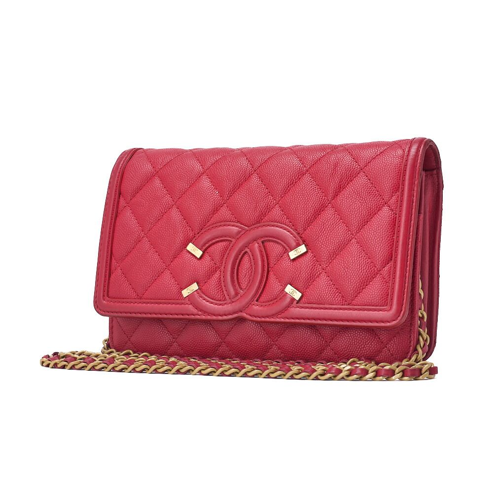 Chanel Shoulder Bag Chain Wallet Matelasse Caviar Skin CC Filigree Red Gold