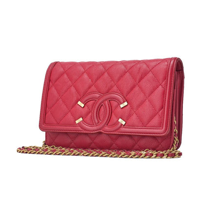Chanel Shoulder Bag Chain Wallet Matelasse Caviar Skin CC Filigree Red Gold