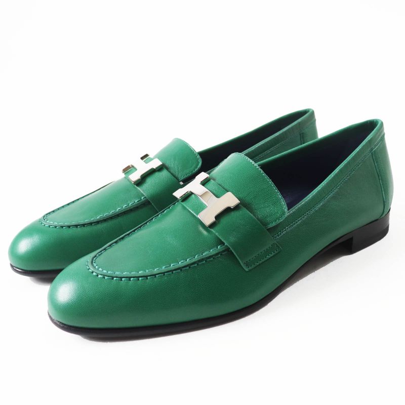 Hermes Moccasins Paris Constance Silver Hardware Leather Loafers Green 37 With