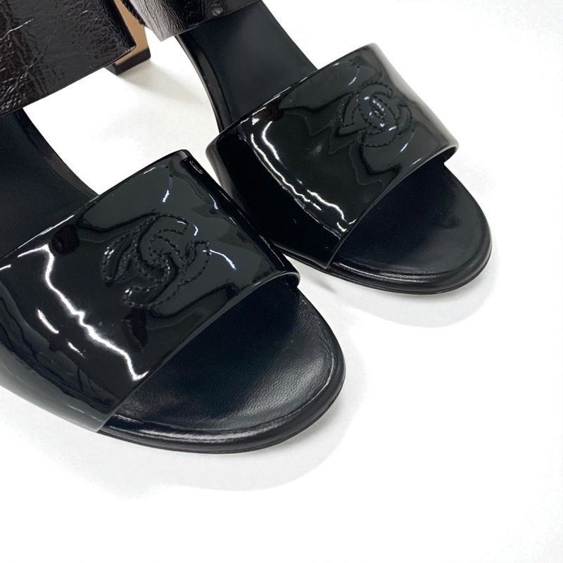 Chanel Sandals Shoes Leather Patent Black Here Mark Wrinkle Processing