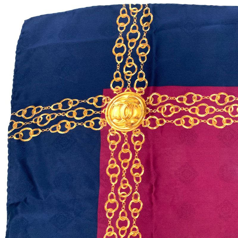 Chanel Silk Scarf Large Size Coco Mark Chain Pattern Burgundy And Navy