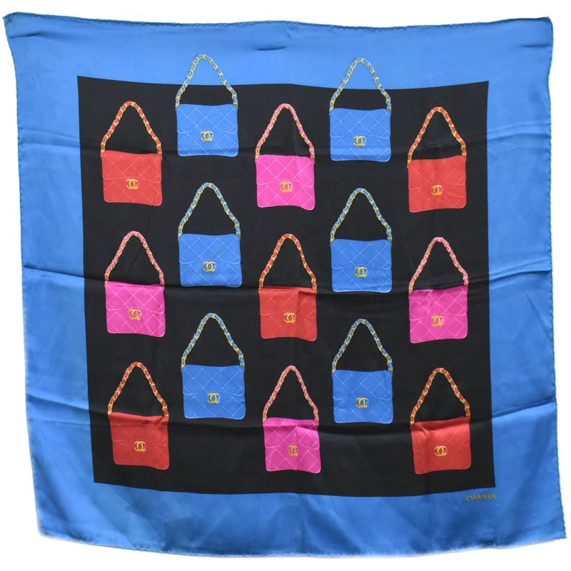 Authentic Chanel Bag Motif Scarf Shawl Bandana Silk Blue Black Multicolor