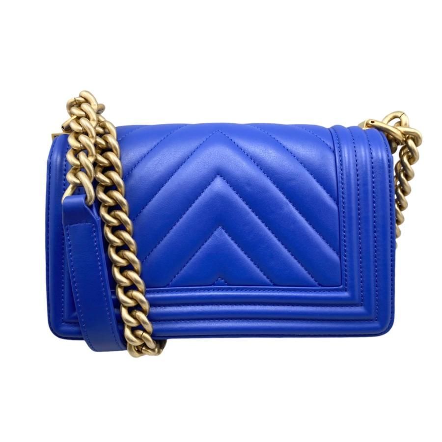 Chanel Boy Chanel Shoulder Bag V Stitch Chain Bag Lambskin Coco Mark Blue Gold