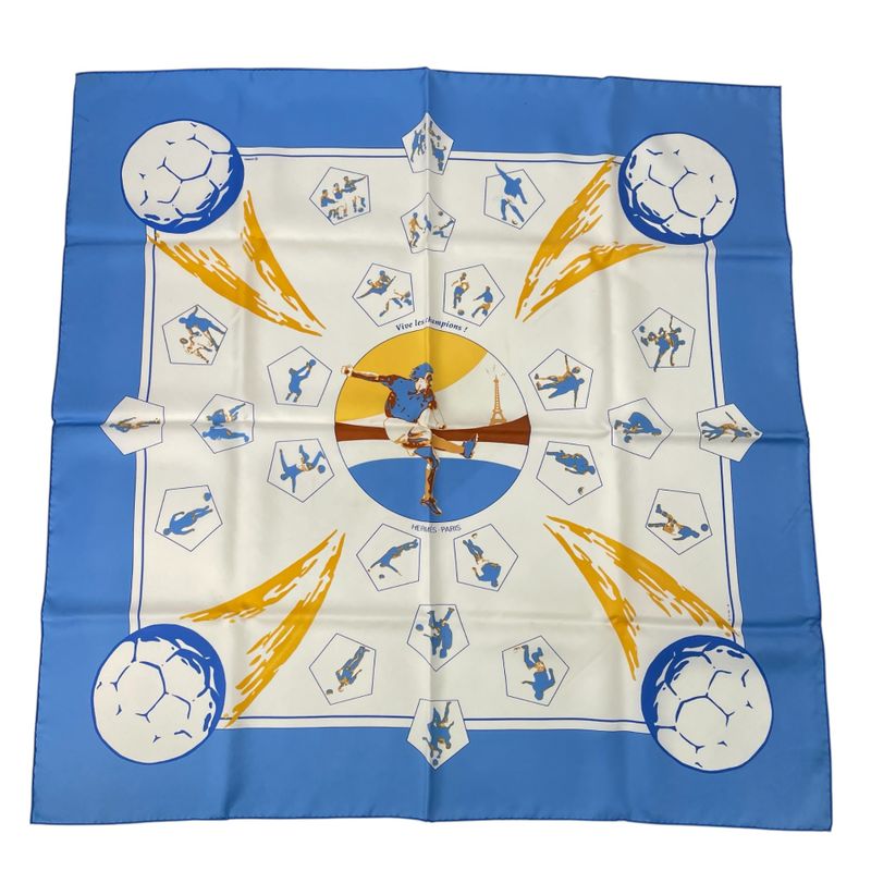Hermes Scarf Silk Carre 90 Vive Les Champions! Viva Champions Soccer Blue With