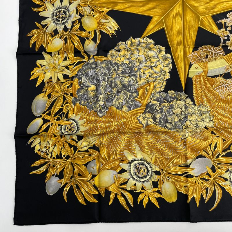 Hermes Carre 90 Passiflores Passion Flower Black 100% Silk Scarf