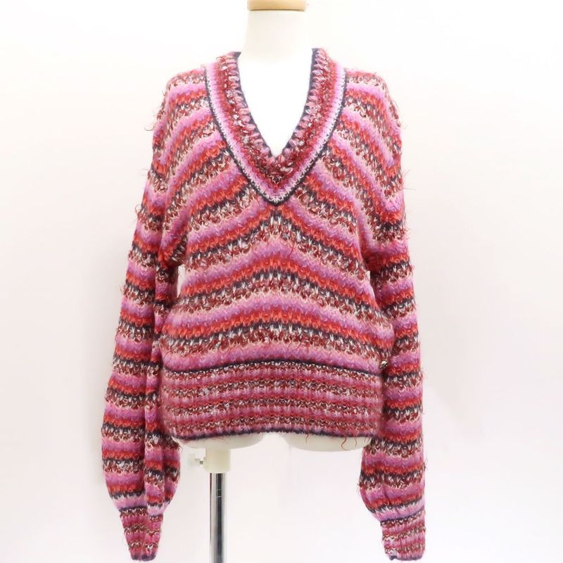 Chanel Border Knit P72980 K10502 Alpaca Silk V-neck Pink #36 Sweater Chanel