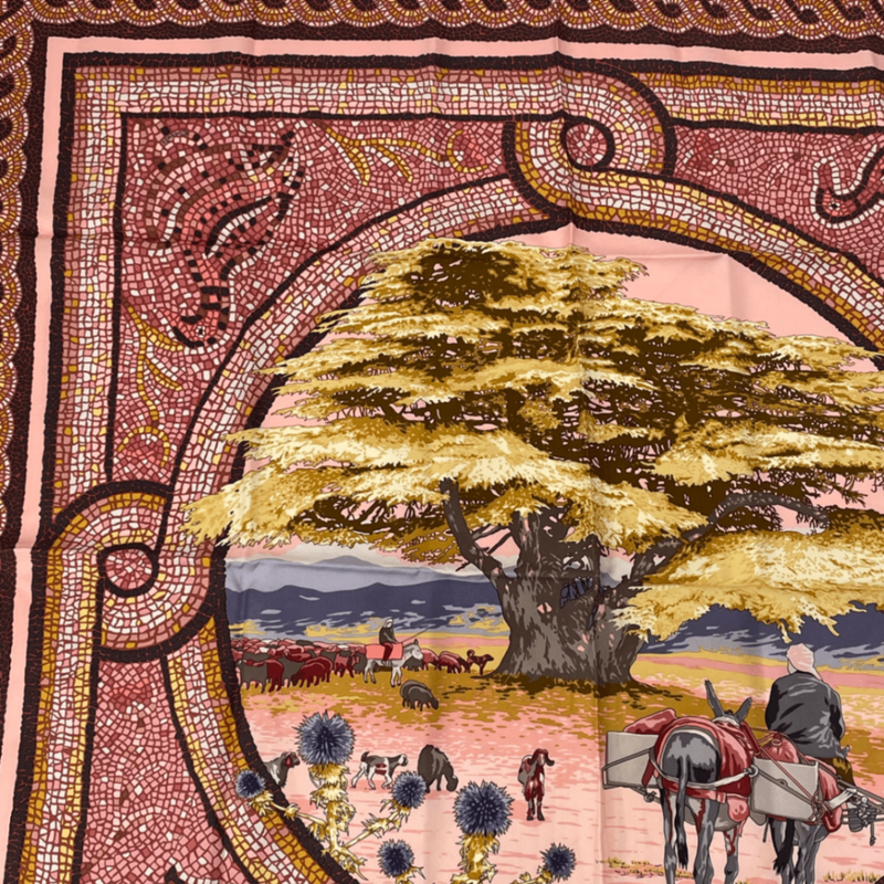 Hermes Carre 90 SOUS LE Cedre Silk Scarf Pink Under Himalayan Cedars